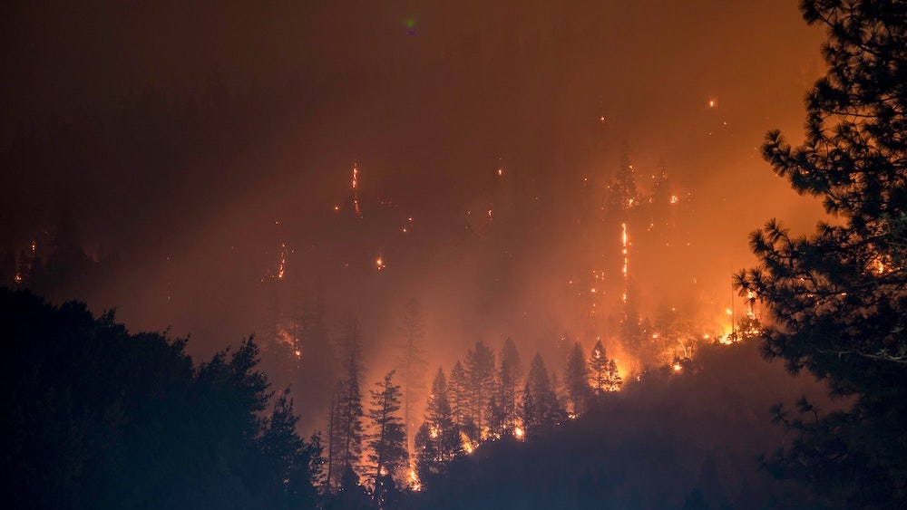 A hazy red fire engulfs a dark mountainside forest...